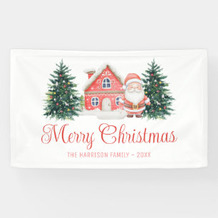 Winter Cottage Christmas Trees Santa Banner