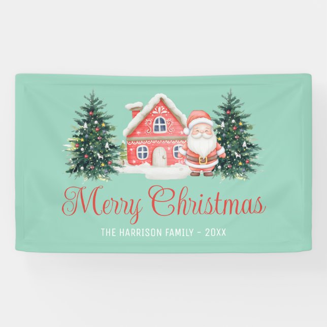 Winter Cottage Christmas Trees Santa Green Banner (Horizontal)