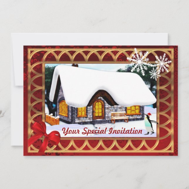 Winter cottage in the snow,   Christmas Invitation (Front)