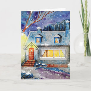 WINTER COTTAGE SNOW ART BLANK GREETING CARD