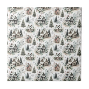 Winter Cottage Snowfall Pattern Ceramic Tile