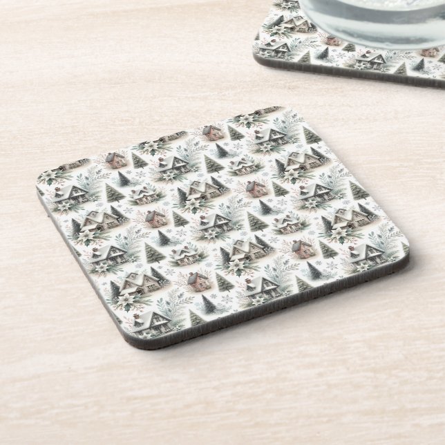 Winter Cottage Snowfall Pattern Coaster (Left Side)
