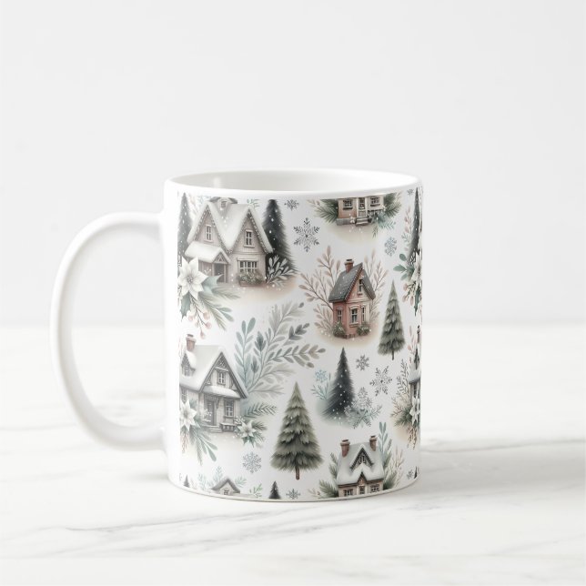 Winter Cottage Snowfall Pattern Coffee Mug (Left)