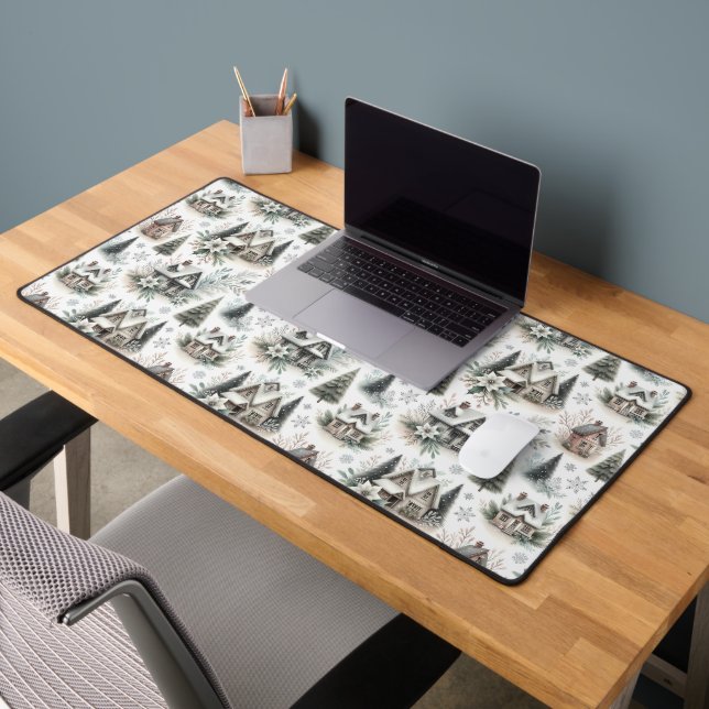 Winter Cottage Snowfall Pattern Desk Mat (Office 2)