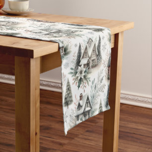 Winter Cottage Snowfall Pattern Short Table Runner