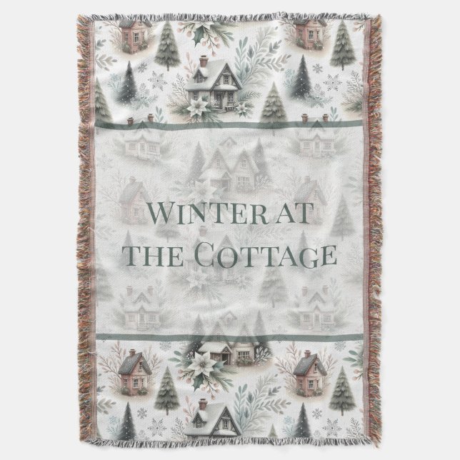Winter Cottage Snowfall Words Throw Blanket (Front Vertical)