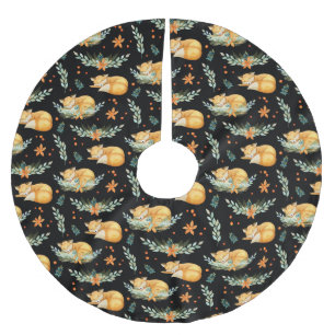 Winter Cottagecore Sleeping Fox Black Brushed Polyester Tree Skirt