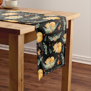 Winter Cottagecore Sleeping Fox Black  Short Table Runner