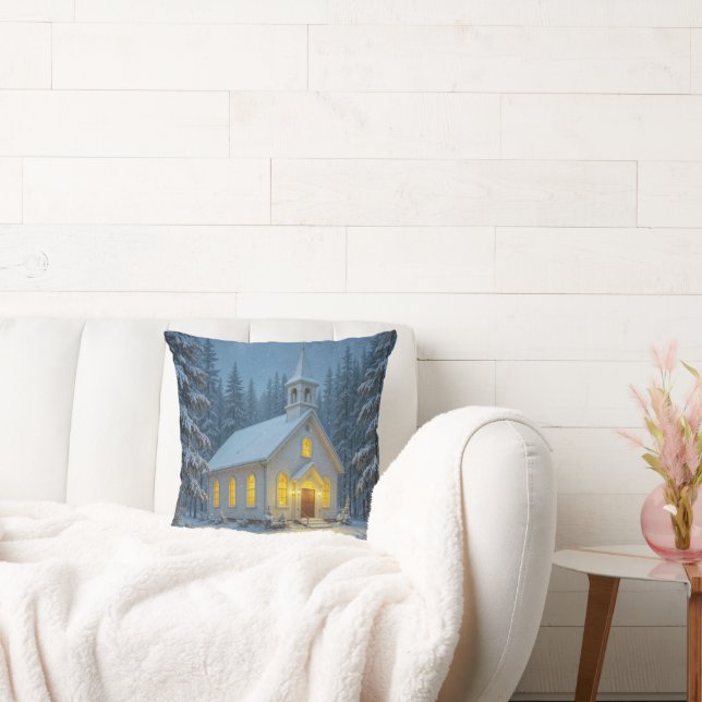 Winter Country Church In Snowflakes Cushion (Couch)