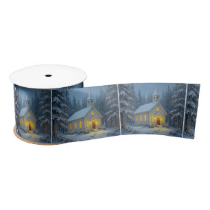 Winter Country Church In Snowflakes Satin Ribbon