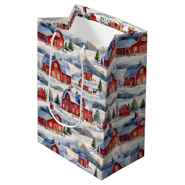 Winter Country Farm & Red Barns Medium Gift Bag (Front Angled)