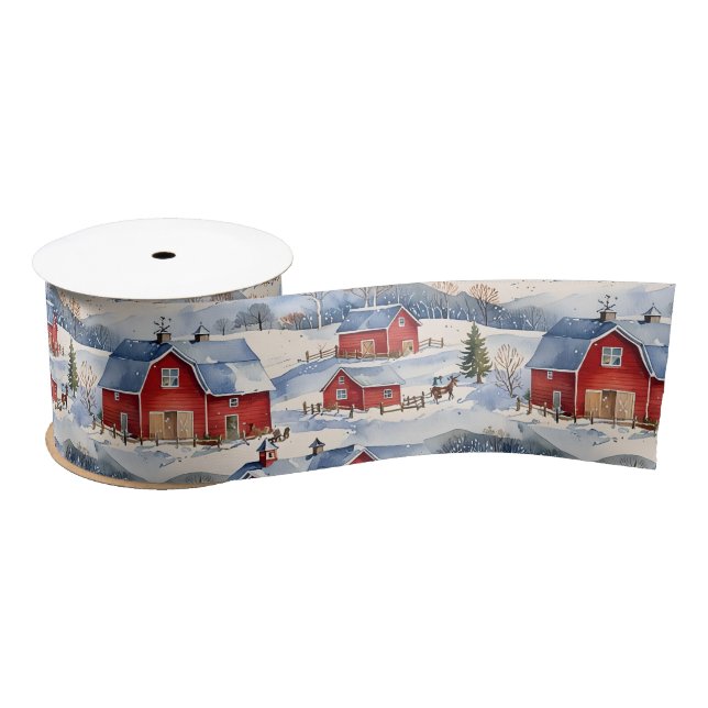 Winter Country Farm & Red Barns Satin Ribbon (Spool)
