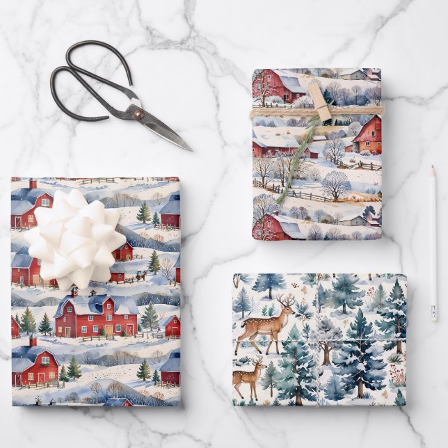 Winter Country Farm & Red Barns Wrapping Paper Sheet (Front)