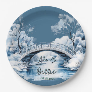 Winter Country Water Stream Bridge Wedding Paper Plate