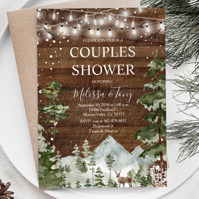 Winter Couple Shower Rustic Wood String Lights Invitation (Creator Uploaded)