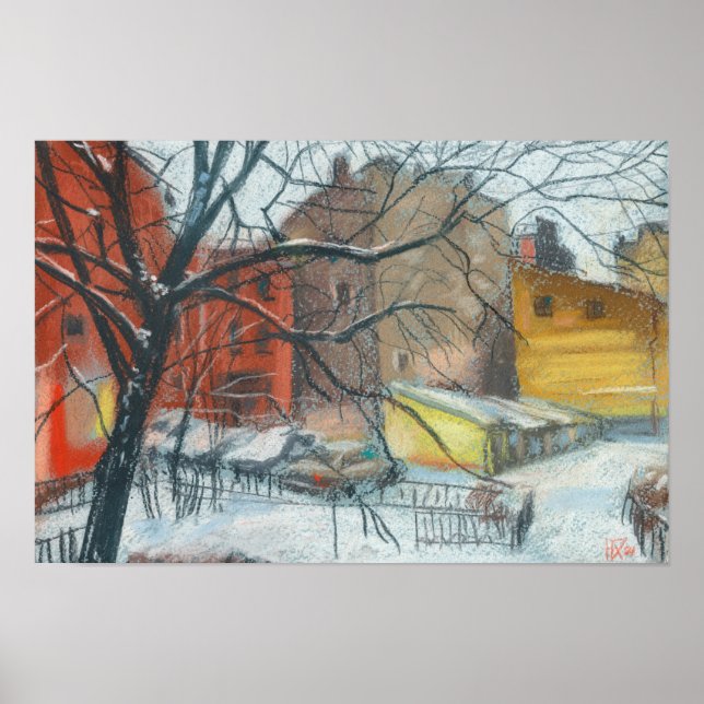 Winter Courtyard Landscape Pastel Painting Art Poster (Front)