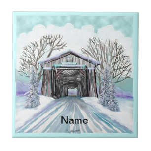 Winter Covered Bridge Ceramic Tile