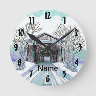 Winter Covered Bridge Round Clock