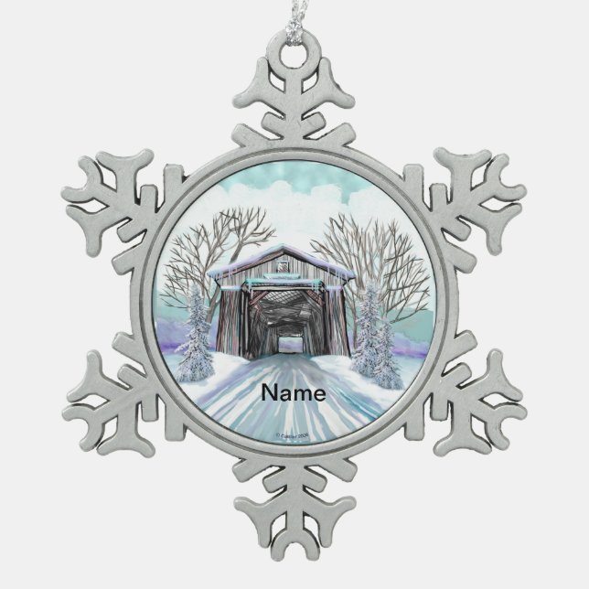 Winter Covered Bridge Snowflake Pewter Christmas Ornament (Front)