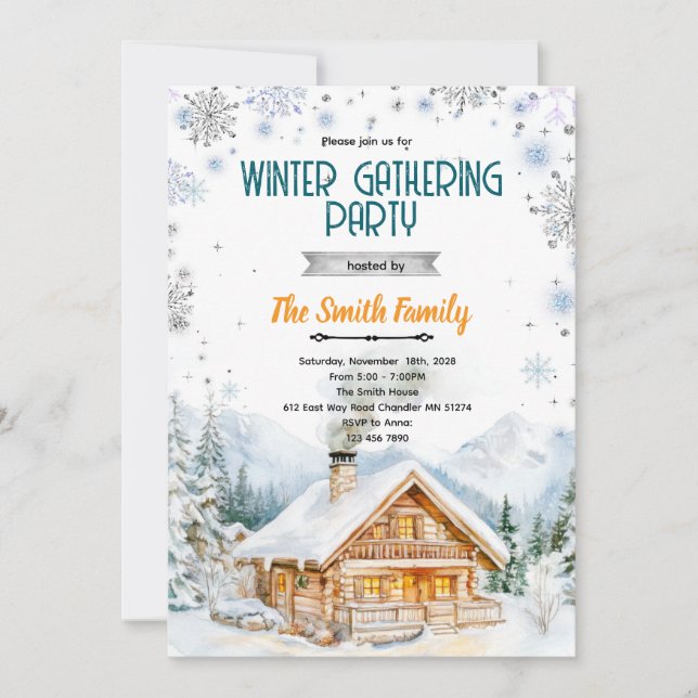 Winter cozy cabin party invitation (Front)