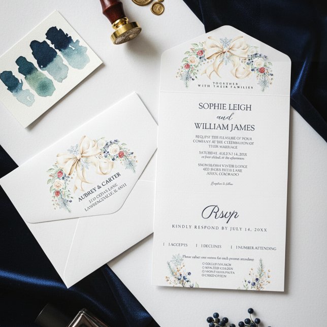 Winter Cream Bow Dusty Blue Blush Floral Wedding All In One Invitation (cream bow floral wedding design)
