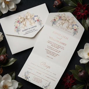Winter Cream Bow Floral Wedding Real Foil Pressed All In One Invitation