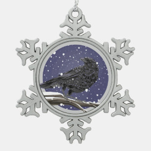 Winter Crow Snowflake Pewter Christmas Ornament