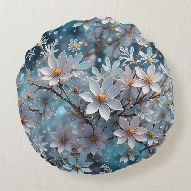 Winter Crystal Frost Sakura Blossom Round Pillow (Back)