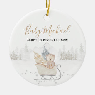 Winter Cute Bear Baby Boy Pregnancy Announcement Ceramic Ornament