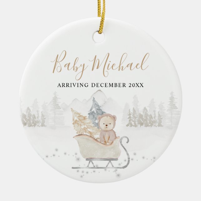 Winter Cute Bear Baby Boy Pregnancy Announcement Ceramic Ornament (Front)