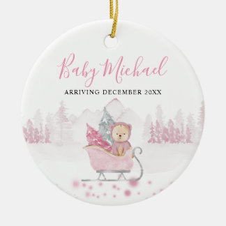 Winter Cute Bear Baby Girl Pregnancy Announcement Ceramic Ornament