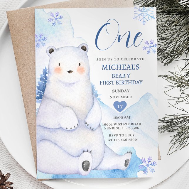 Winter Cute Bear Snowflake Forest First Birthday Invitation (Creator Uploaded)