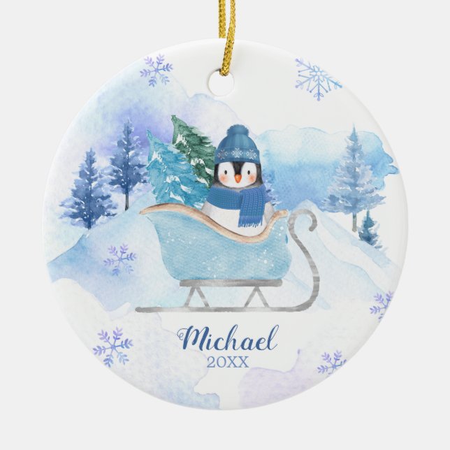 Winter Cute Penguin Blue Snowflakes Mountain Ceramic Ornament (Front)