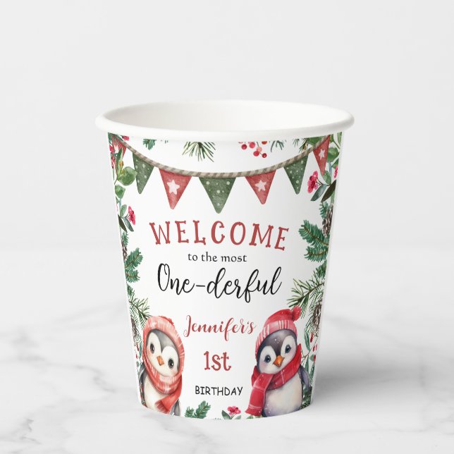 Winter Cute Penguin Christmas 1st Birthday Paper Cups (Front)