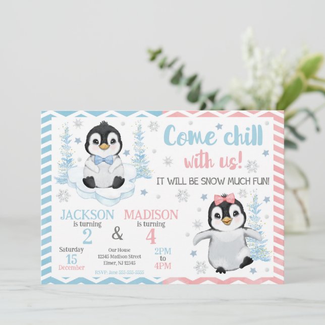 Winter Cute Penguins Joint Birthday Invitation (Standing Front)
