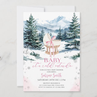 Winter Cute Pink Bow Cradle Baby Shower Invitation