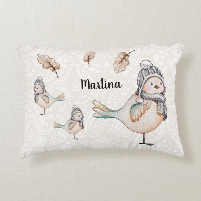 Winter Cute Sparrow Illustration Decorative Cushion (Front)