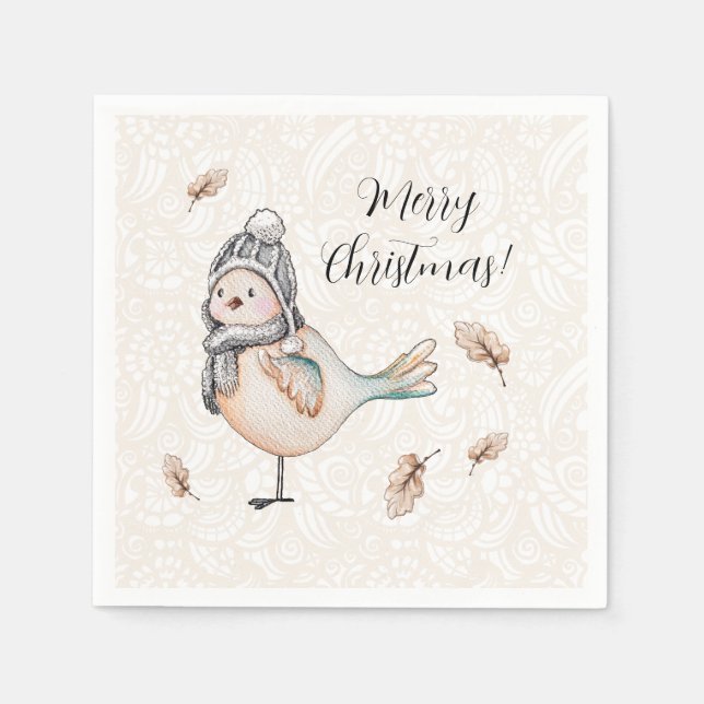 Winter Cute Sparrow Illustration Napkin (Front)