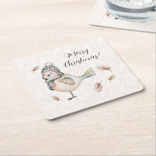 Winter Cute Sparrow Illustration Square Paper Coaster