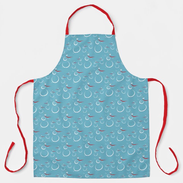 Winter Cyan Cute Snowman Family Pattern Apron (Front)