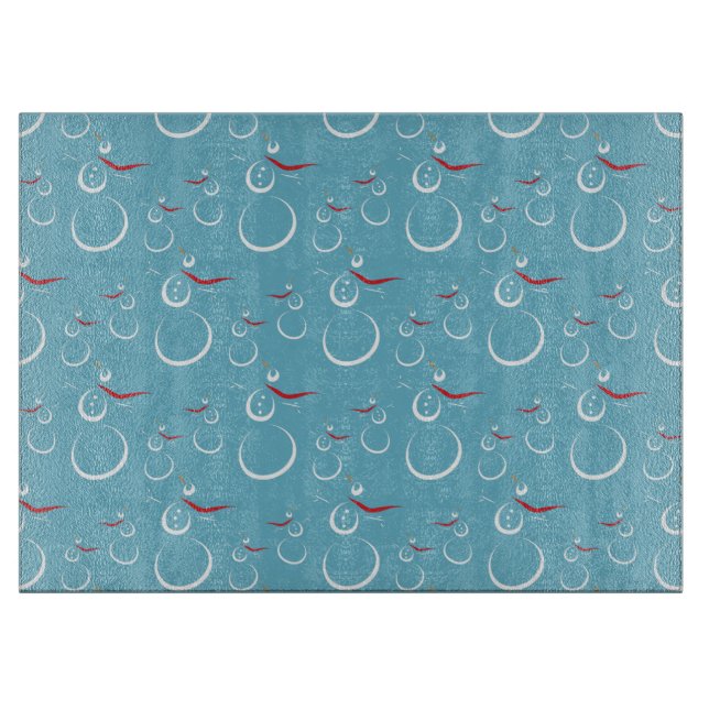 Winter Cyan Cute Snowman Family Pattern Cutting Board (Front)