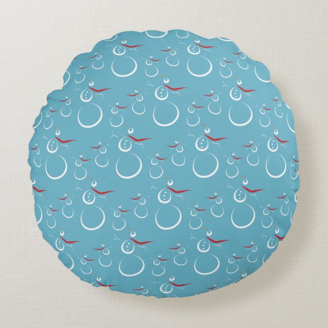 Winter Cyan Cute Snowman Family Pattern Round Cushion (Front)