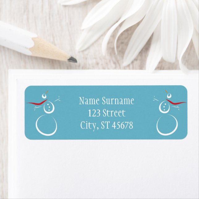 Winter Cyan Cute Snowmen Return Address Label (Insitu)