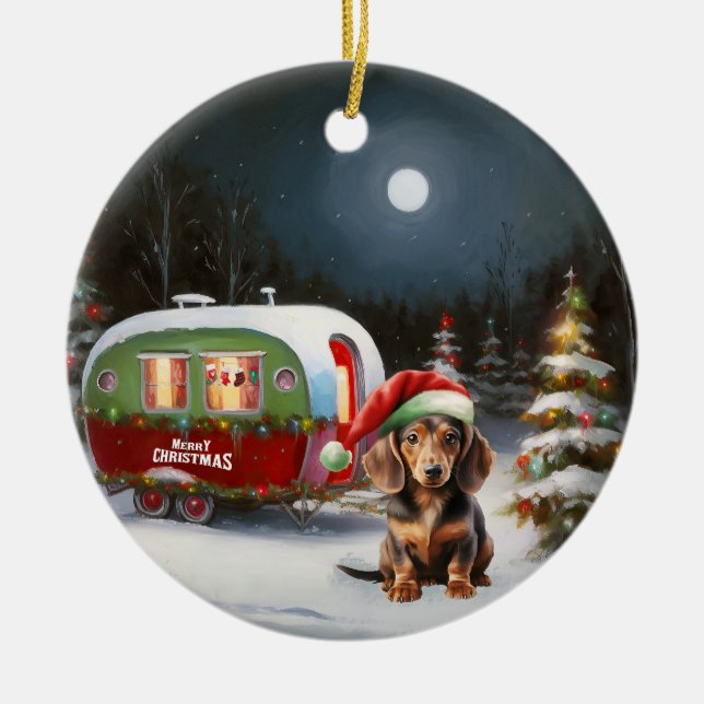 Winter Dachshund Caravan Christmas Adventure  Ceramic Ornament (Front)