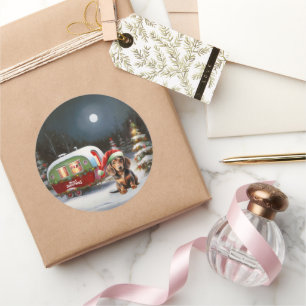 Winter Dachshund Caravan Christmas Adventure  Classic Round Sticker