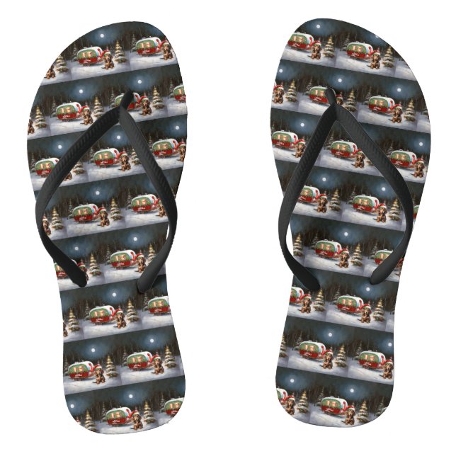 Winter Dachshund Caravan Christmas Adventure  Thongs (Footbed)