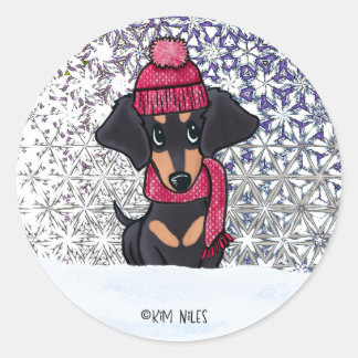 Winter Dachshund Classic Round Stick Classic Round Sticker