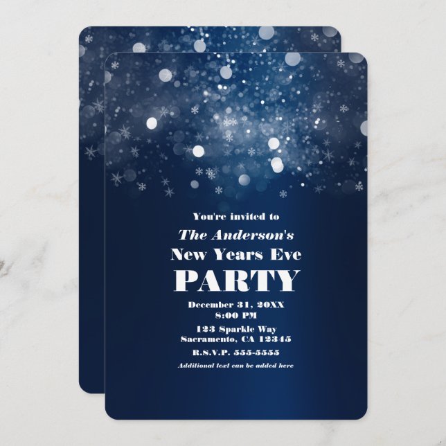 Winter Dark Blue Silver Sparkling New Years Eve Invitation (Front/Back)