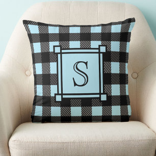 Winter Decor Blue Buffalo Plaid Custom Monogram Cushion
