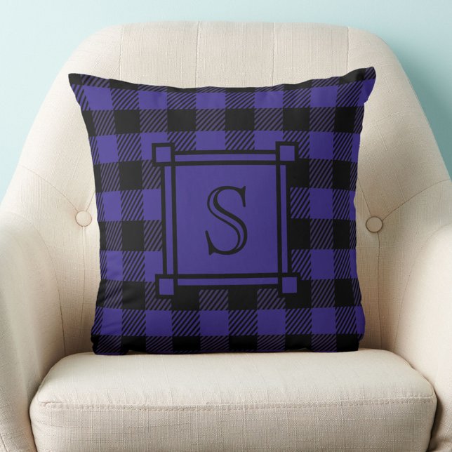 Winter Decor Blue Buffalo Plaid Custom Monogram Cushion (Creator Uploaded)
